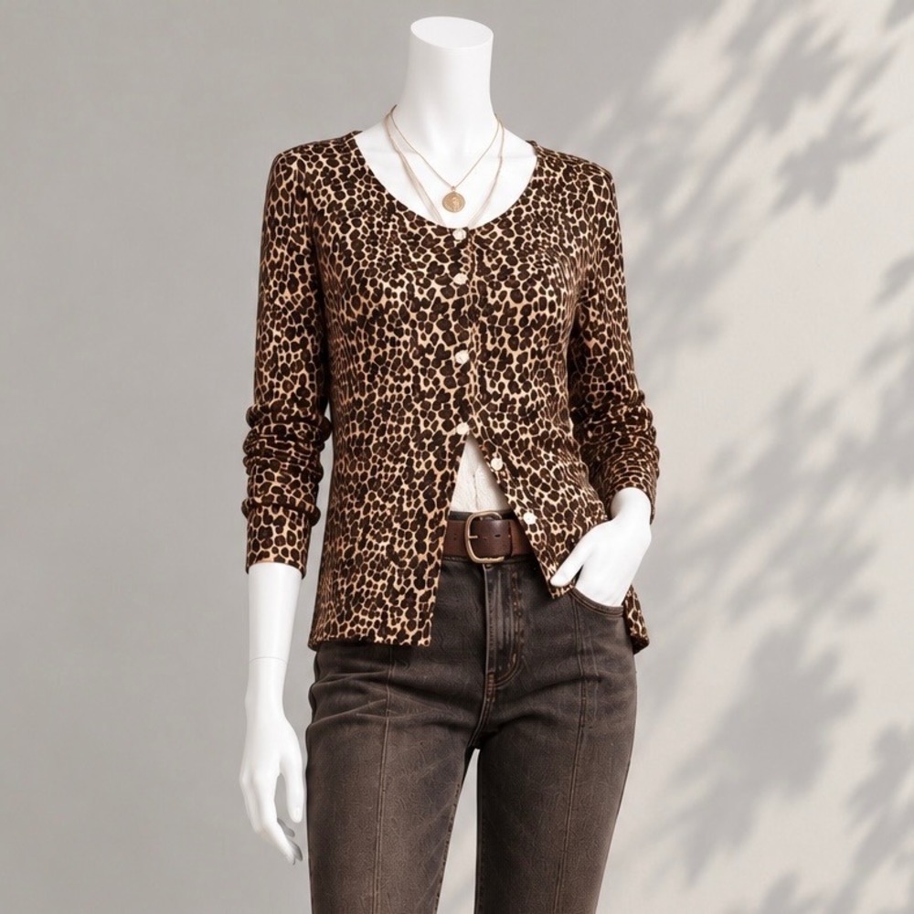 SML Design Y2K Leopard Cardigan M Silk Blend Indie Sleaze Mob Wife Animal Print